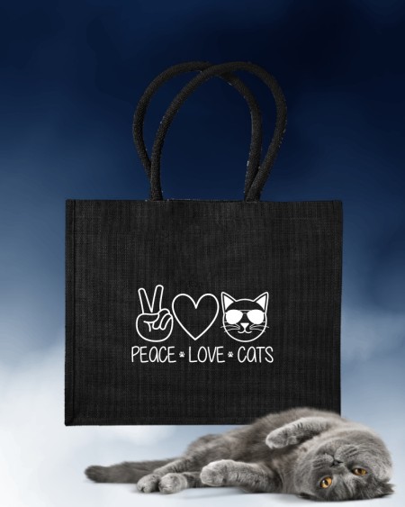 Schwarze Jute Tasche “Peace-Love-Cats” | GipsyKing Design